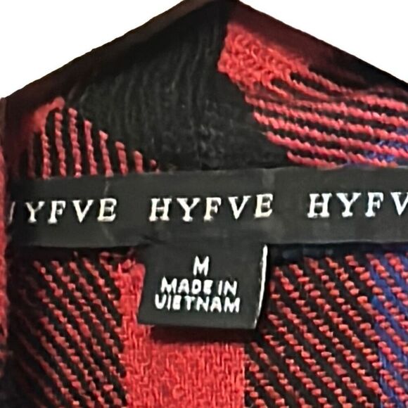 Hyfve‎ Plaid Vest Womens Medium Drape Front Faux Leather Trim Red Blue - Picture 2 of 5